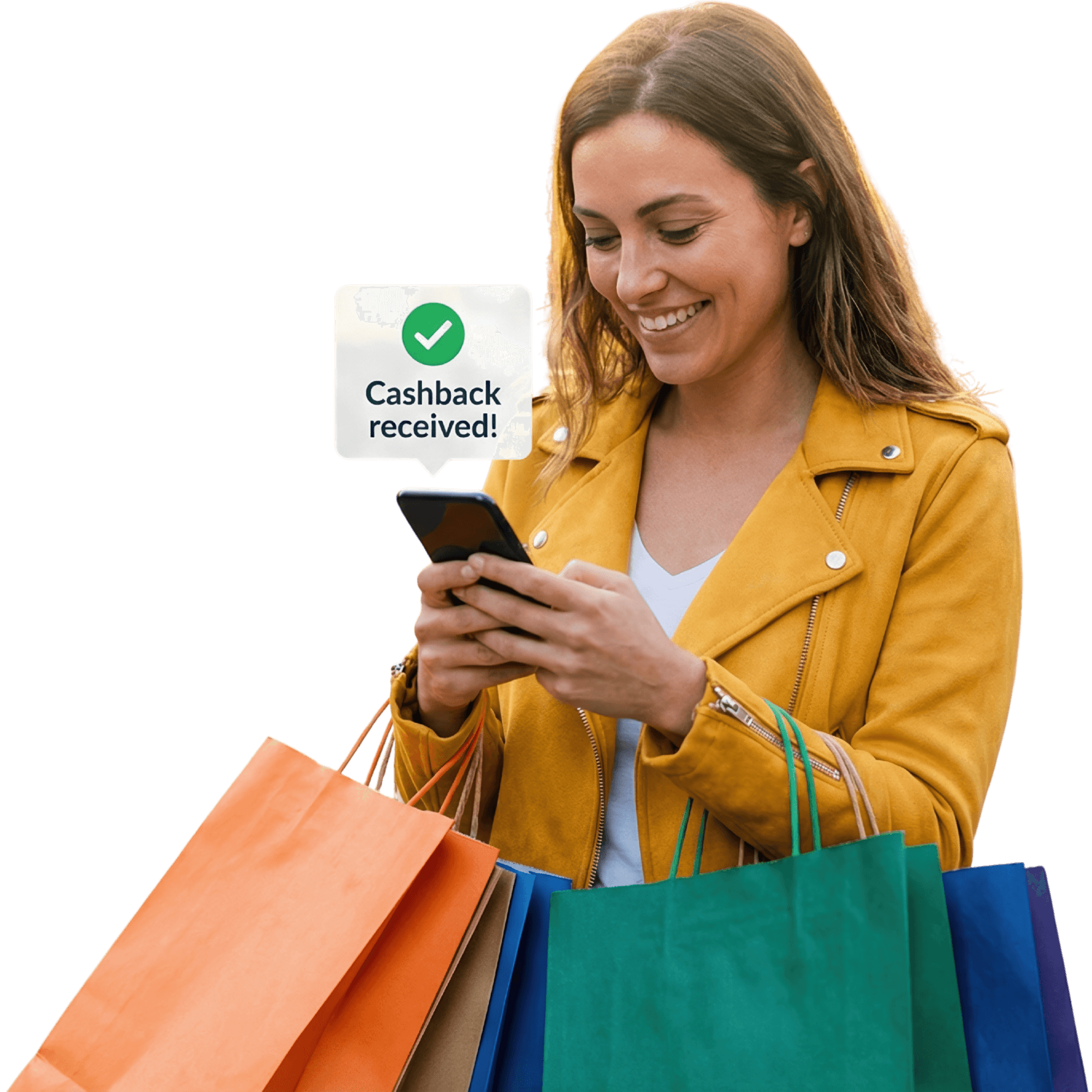 Happy seller getting cashback on her phone