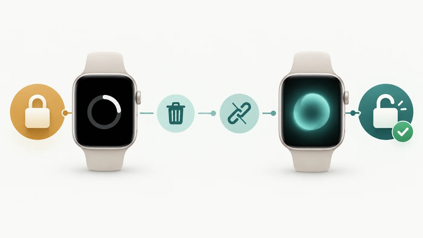 An erased Apple Watch that remains locked, followed by erase and remove steps leading to an unlocked watch