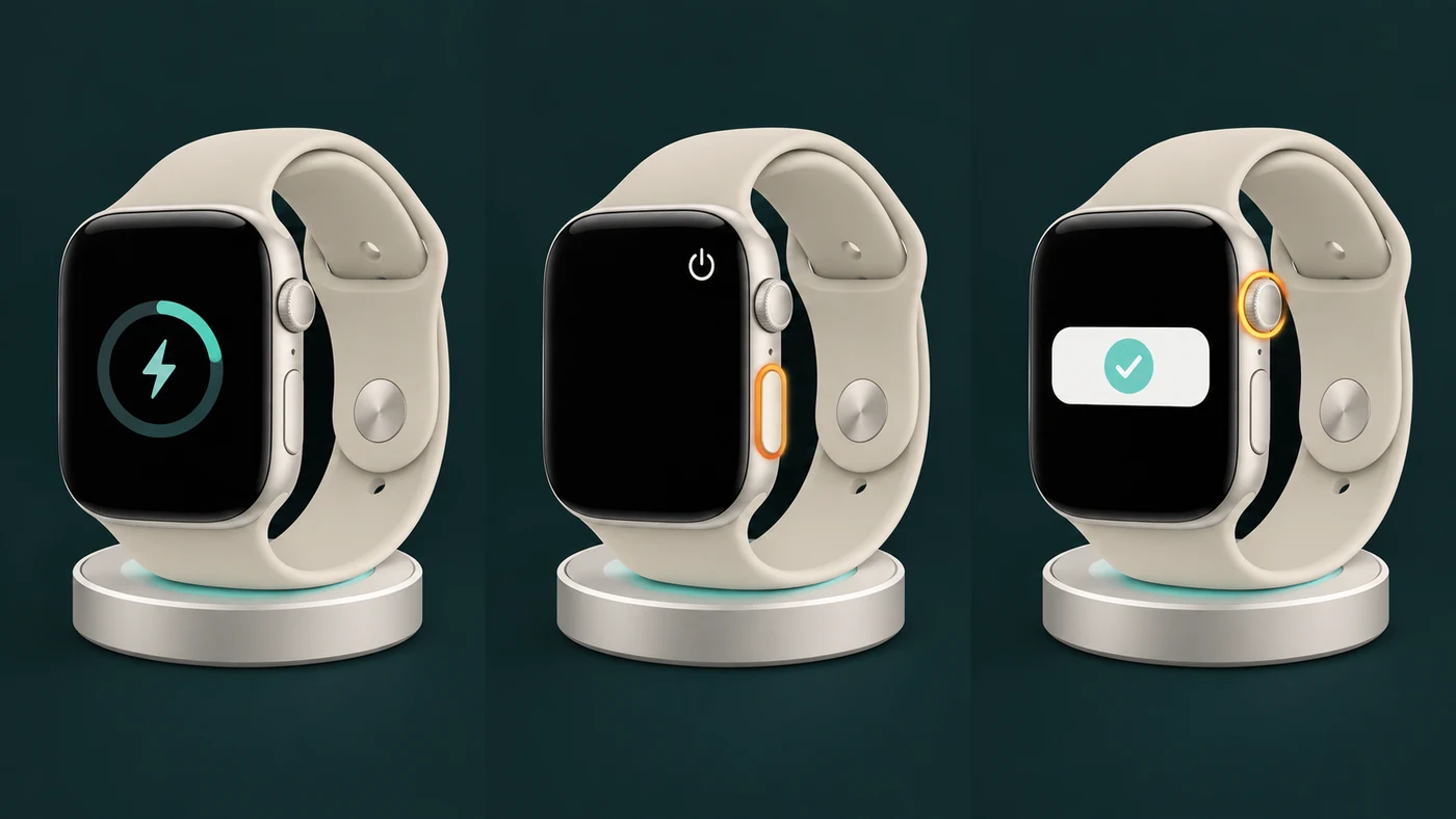 Three-step Apple Watch reset sequence showing the watch on its charger, the side button, and the Digital Crown
