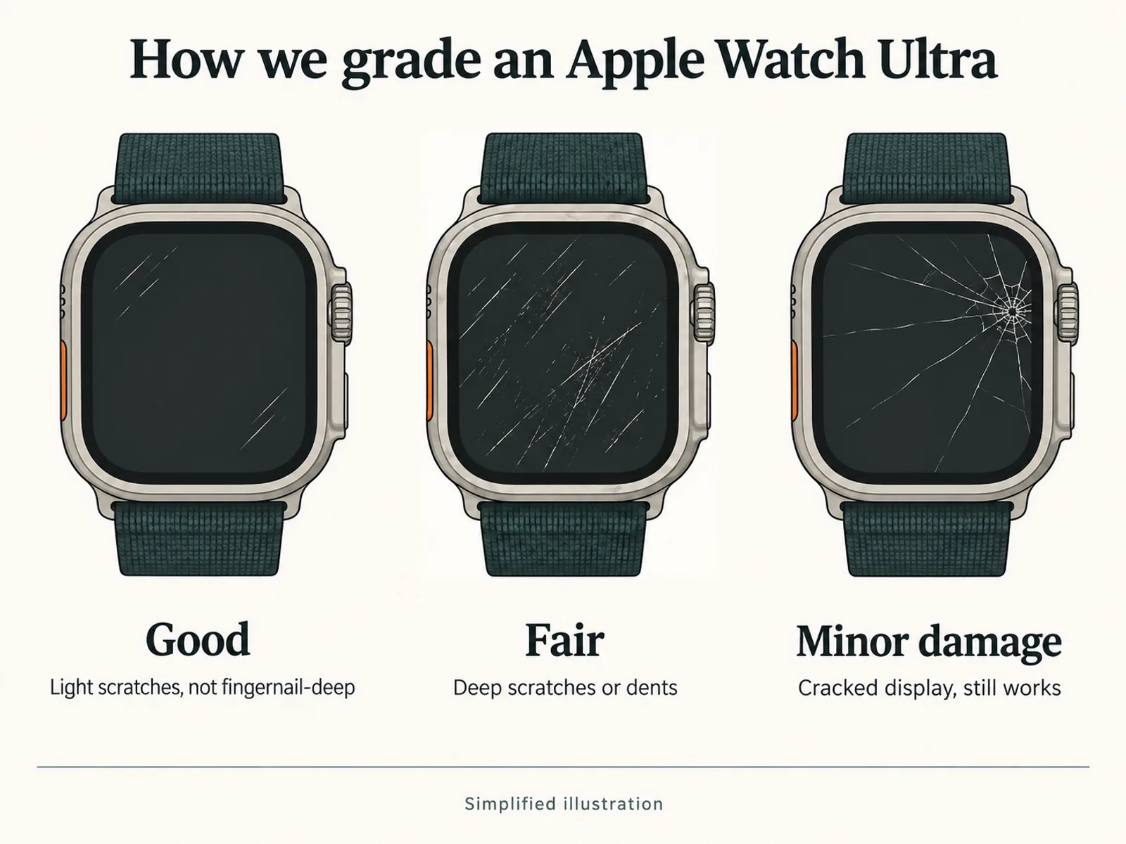 Illustration of three Apple Watch Ultra cases: light scratches graded Good, deep scratches or a dent graded Fair, and a cracked but working display graded Minor damage
