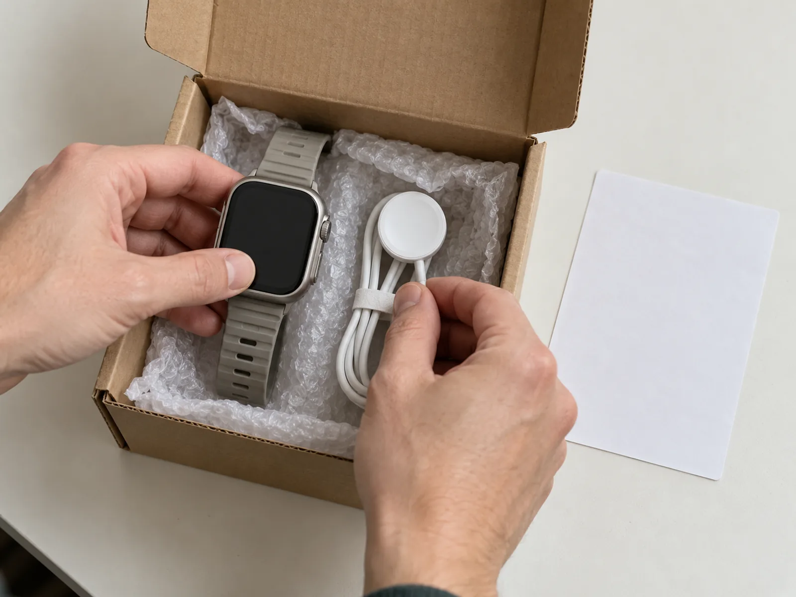 Hands packing a titanium Apple Watch Ultra with its band and magnetic charging cable into a padded shipping box