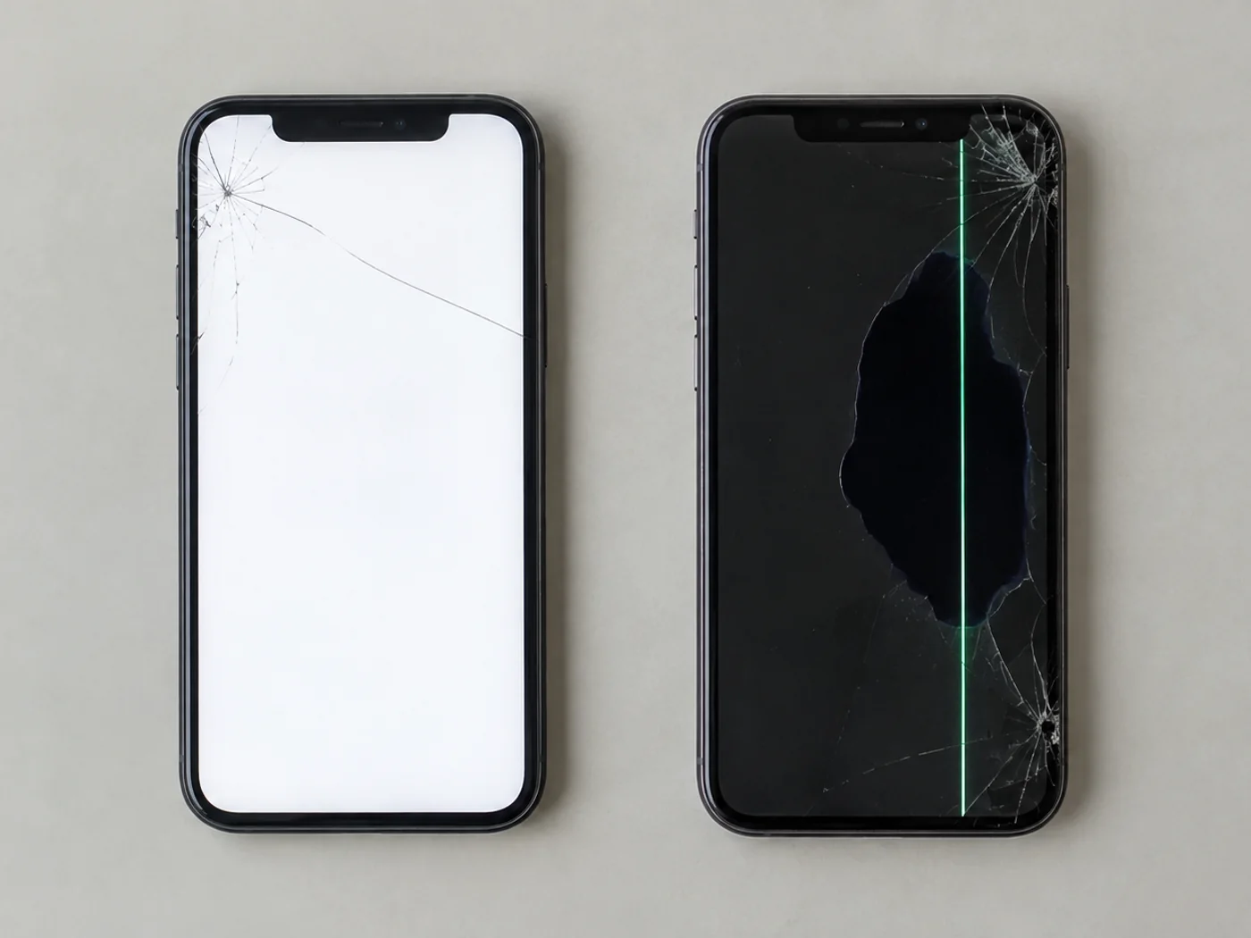 Illustration of a cracked phone screen test: a clean white screen through the cracks means a glass crack, while lines or black spots mean the display is damaged