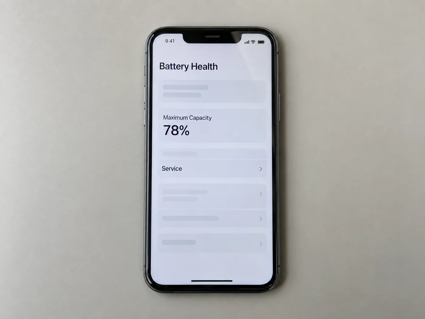 Illustration of the iPhone Battery Health screen showing Maximum Capacity at 78 percent with the Service label, which Techtree grades as Minor Damage