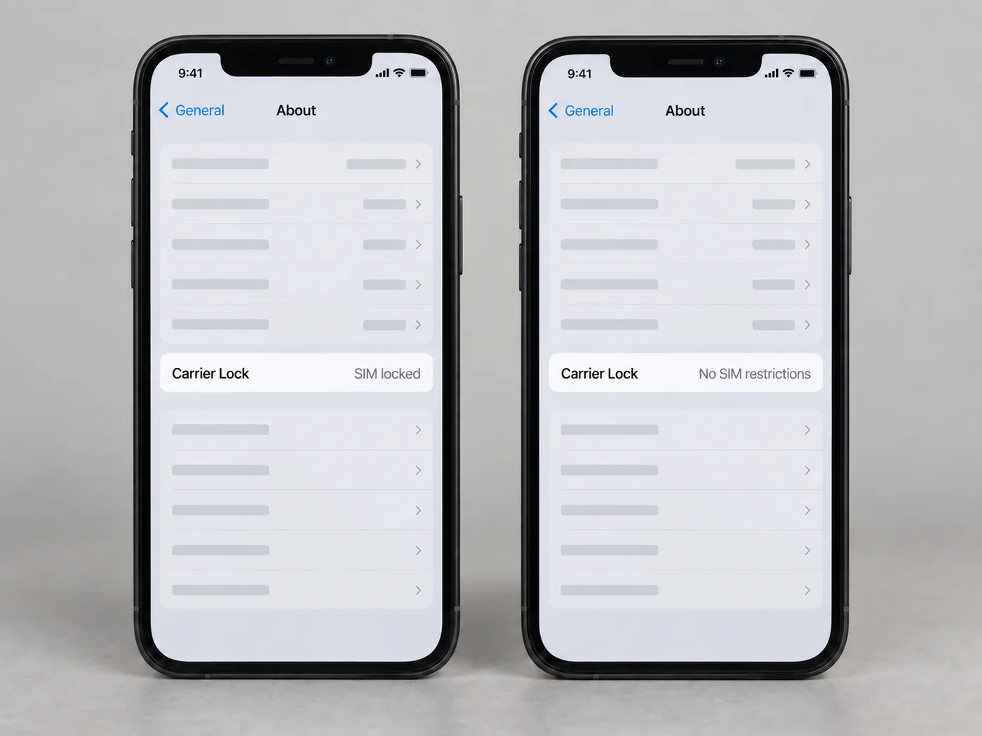 Illustration of the iPhone Carrier Lock setting: SIM locked means choose AT&T in your Techtree quote, No SIM restrictions means choose Unlocked
