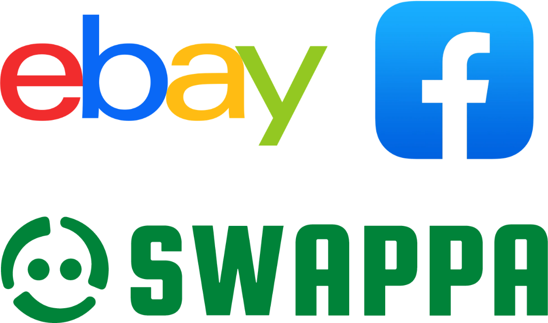 eBay, Facebook Marketplace, and Swappa logos