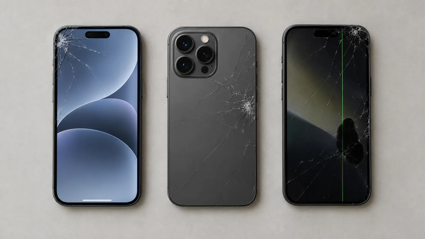 Three phones showing a working cracked screen, cracked back glass, and a screen with green lines and a dark spot