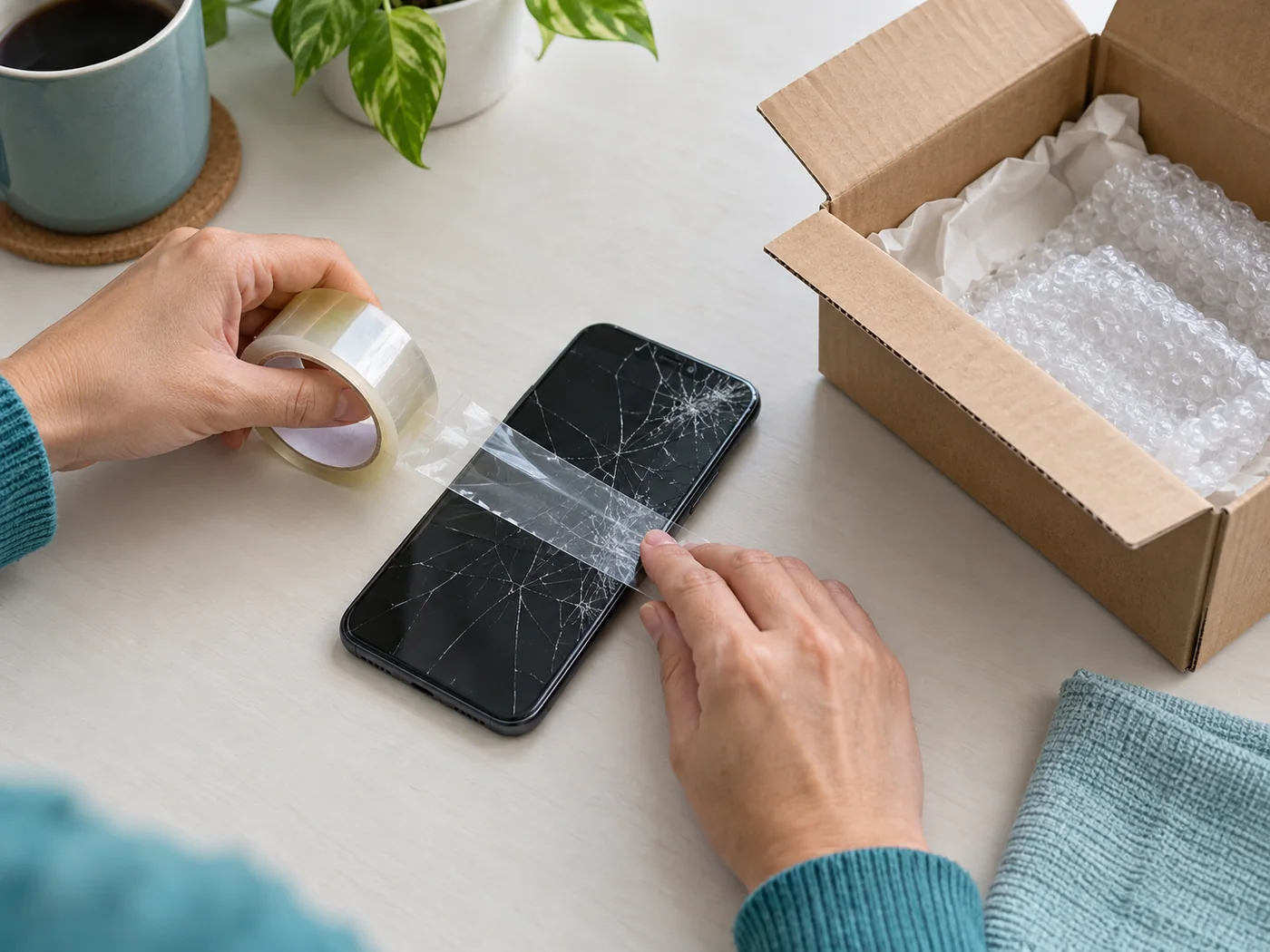 Clear packing tape being applied over a cracked phone screen before it is packed in a shipping box