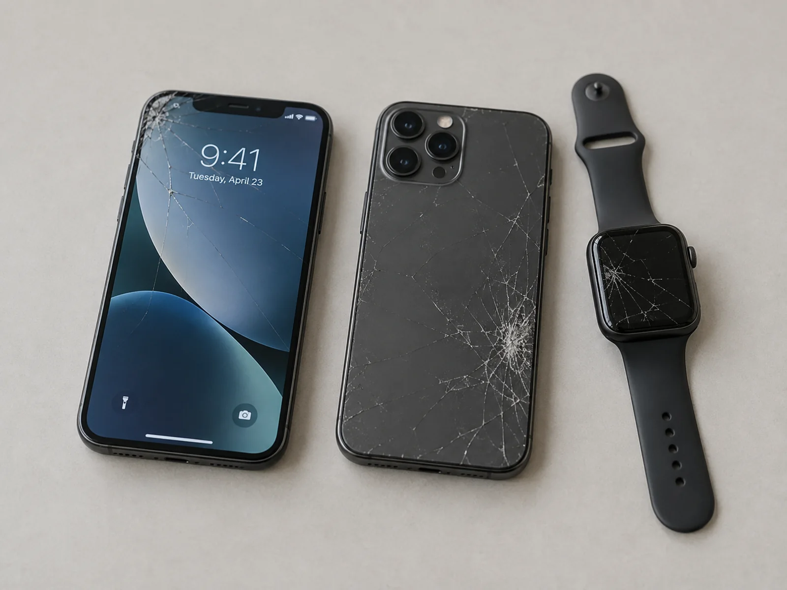Two iPhones with cracked front and back glass beside an Apple Watch with a cracked display on a light desk
