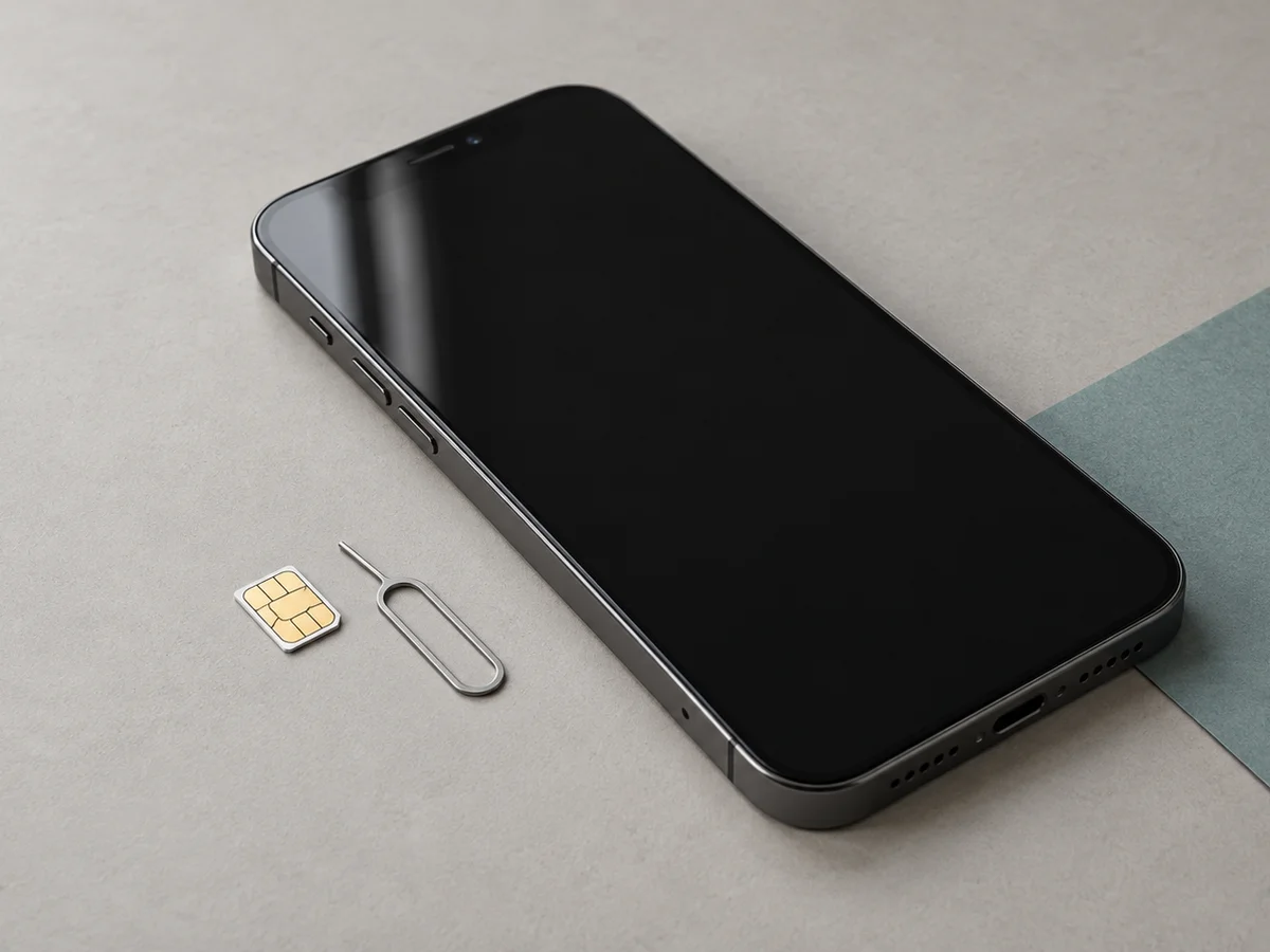 Graphite smartphone with a dark screen beside a SIM card and SIM eject tool on a light desk