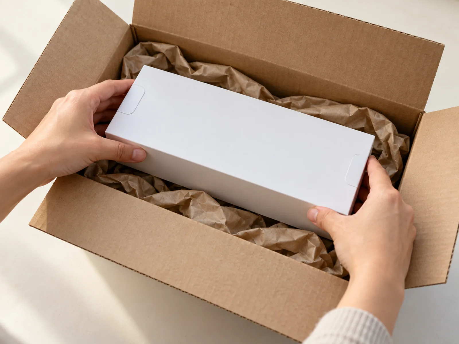 Hands placing a sealed white Apple Watch box into a shipping box lined with packing paper